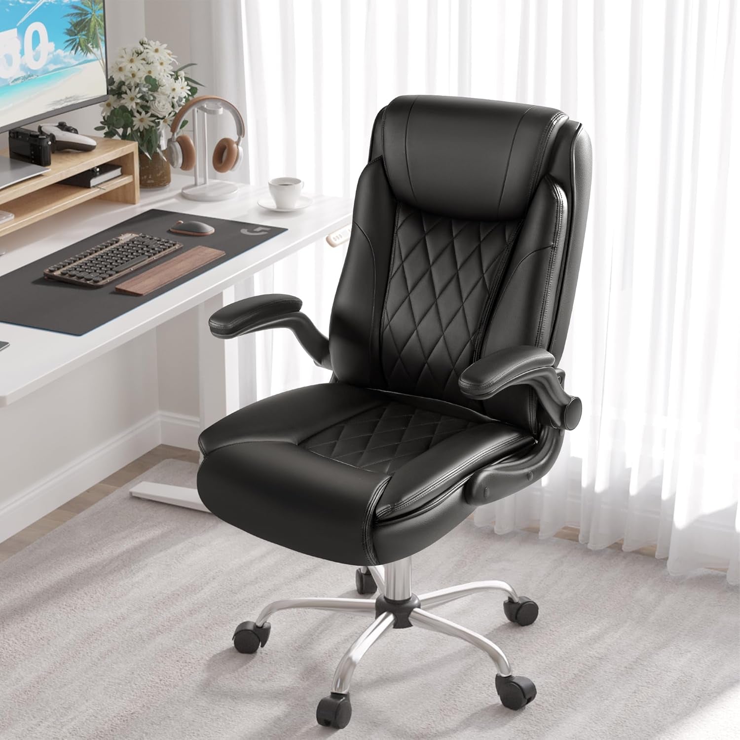 Executive Office Chair, Ergonomic High Back with Adjustable Flip-Up Armrest, Swivel Leather-Papped Seats with Lumbar Support, Black-3