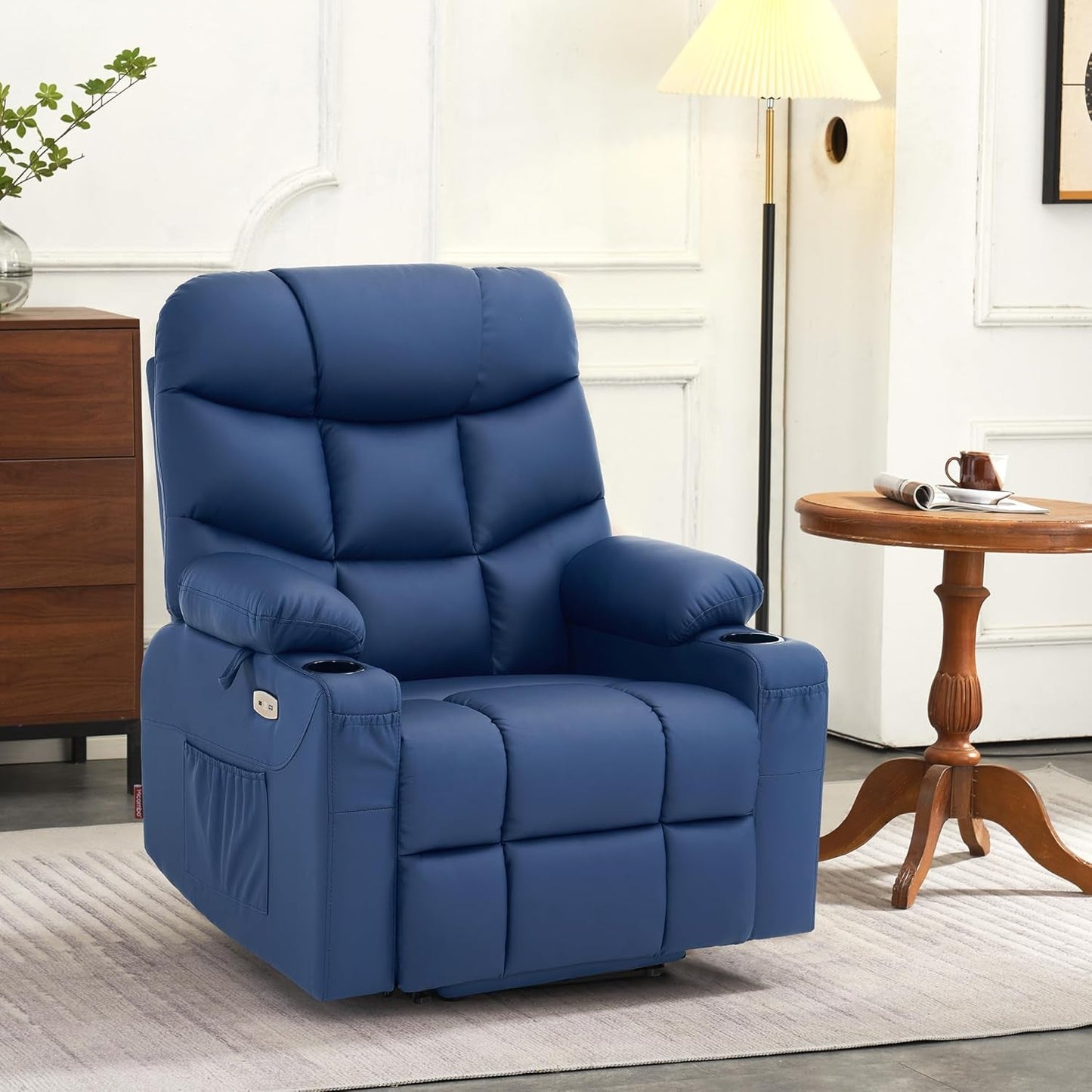 Power Lift Recliner Chair, 2 Cup Holders, USB Ports for Elderly People, Faux Leather 7287 (Navy Blue, Medium-Regular)-1