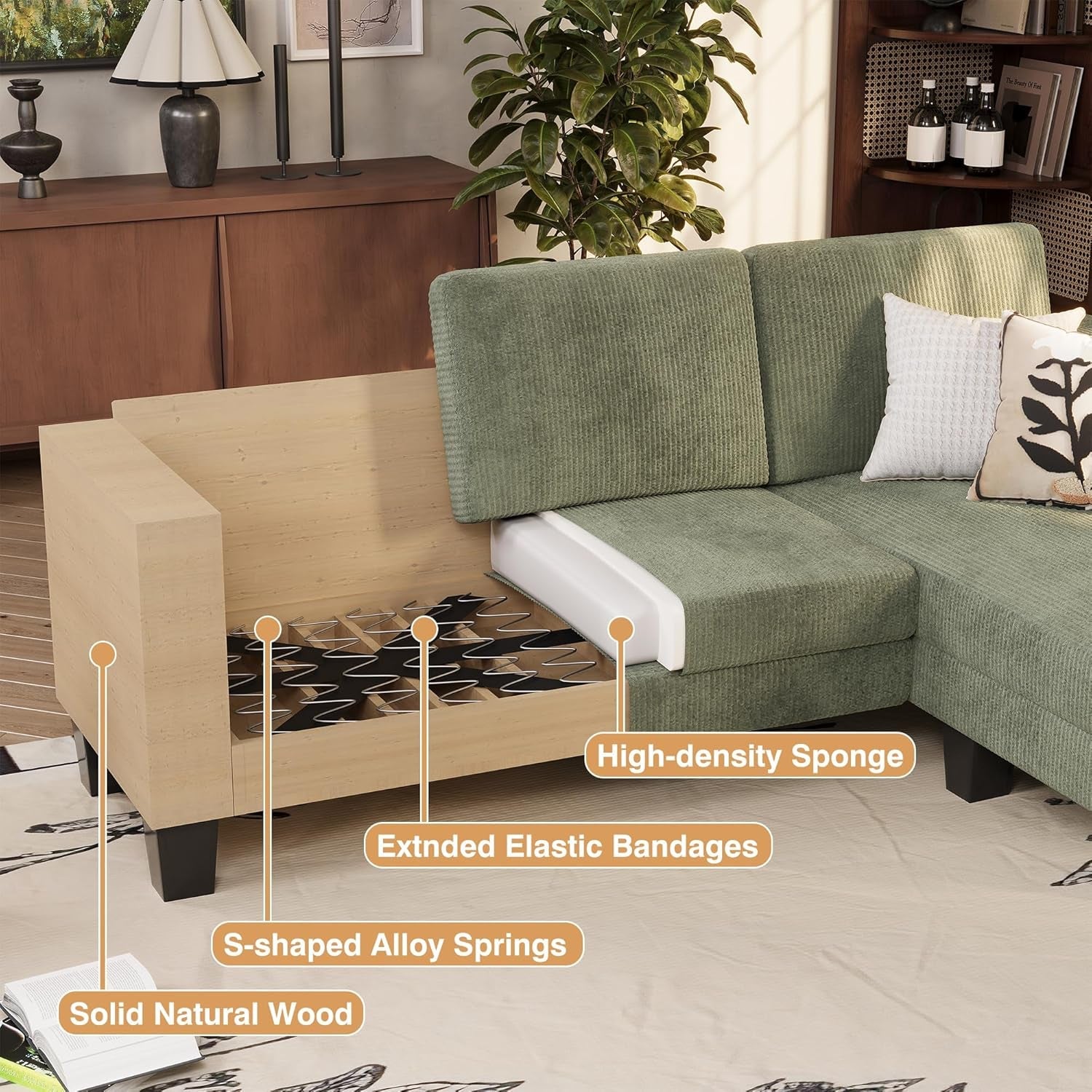 Green Corduroy Convertible L-Shape Sofa with Ottoman-3