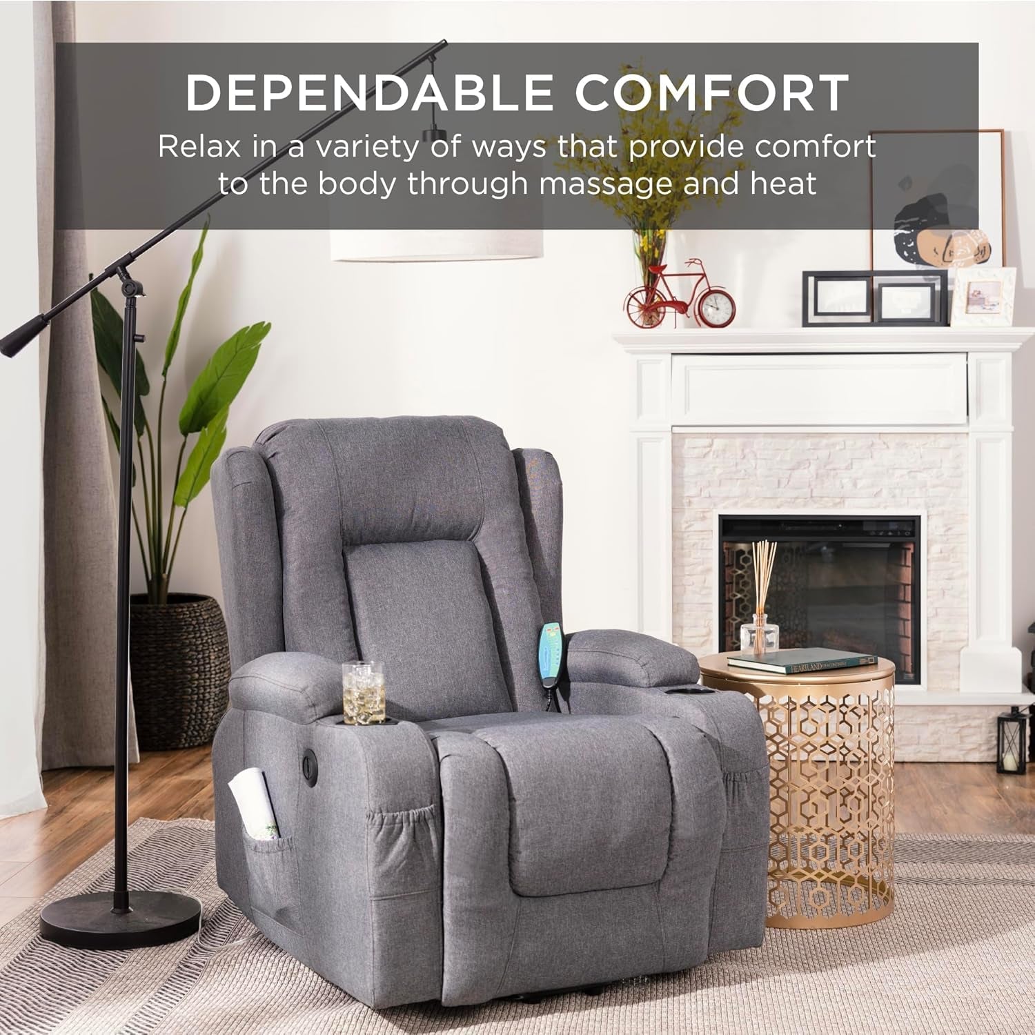 Modern Linen Electric Power Lift Chair, Recliner Massage Chair, Adjustable Furniture for Back, Legs W/ 3 Positions, USB Port, Heat, Cupholders, Easy-To-Reach Button - Gray-2
