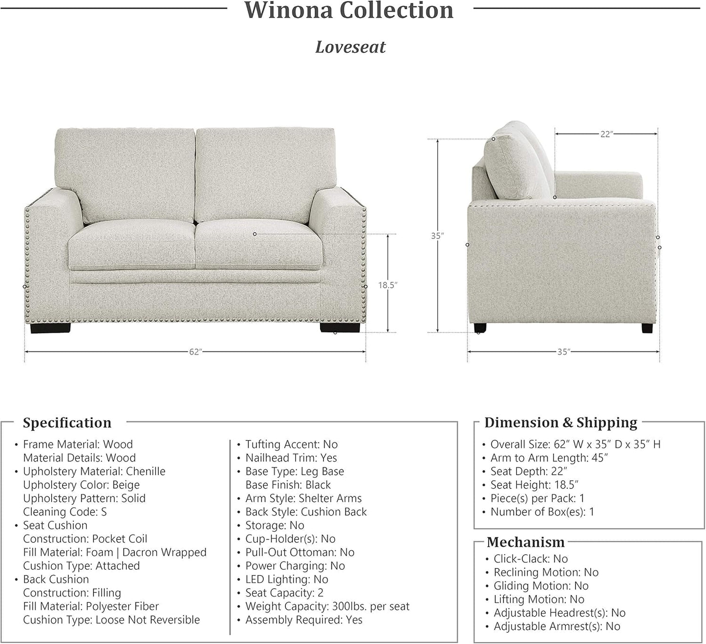 Living Room Furniture Set, Modern Couches for Living Room, Chenille Upholstered Couch Set, Including Sofa, Loveseat and Lounge Chair with Solid Wood Frame, 3-Piece Set, Beige-2