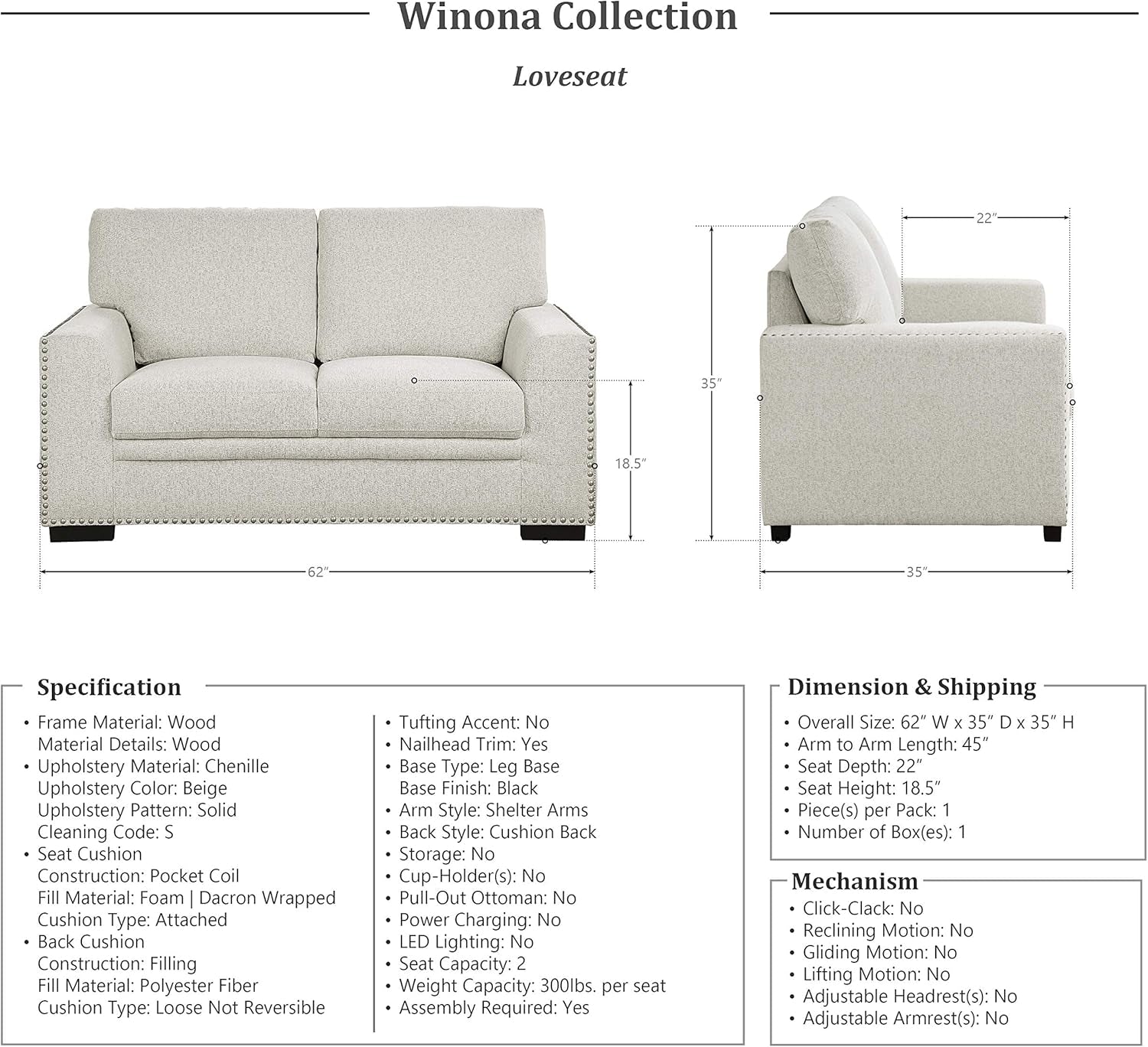 Living Room Furniture Set, Modern Couches for Living Room, Chenille Upholstered Couch Set, Including Sofa, Loveseat and Lounge Chair with Solid Wood Frame, 3-Piece Set, Beige-2