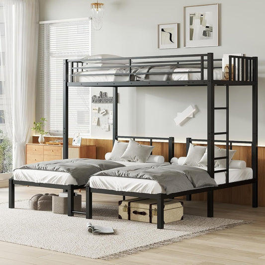 Twin over Twin over Twin Bunk Bed for 3 Kids, Heavy Duty Triple Bunk Bed with Guardrails and Ladder, Twin over Twin over Twin Triple Bunk for Kids, Teens, Black-0