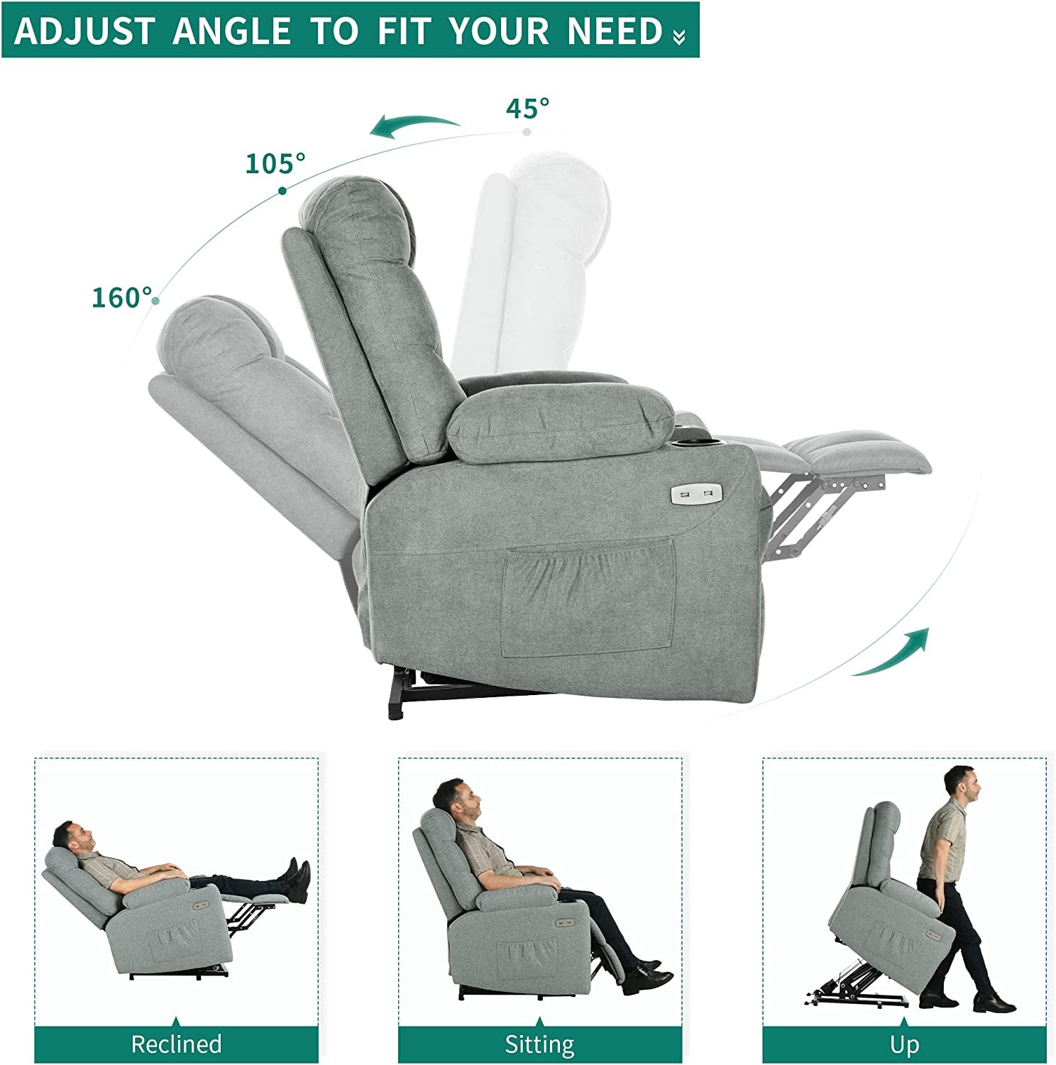 Electric Power Lift Recliner Chair with Massage and Heat (Grey)-4