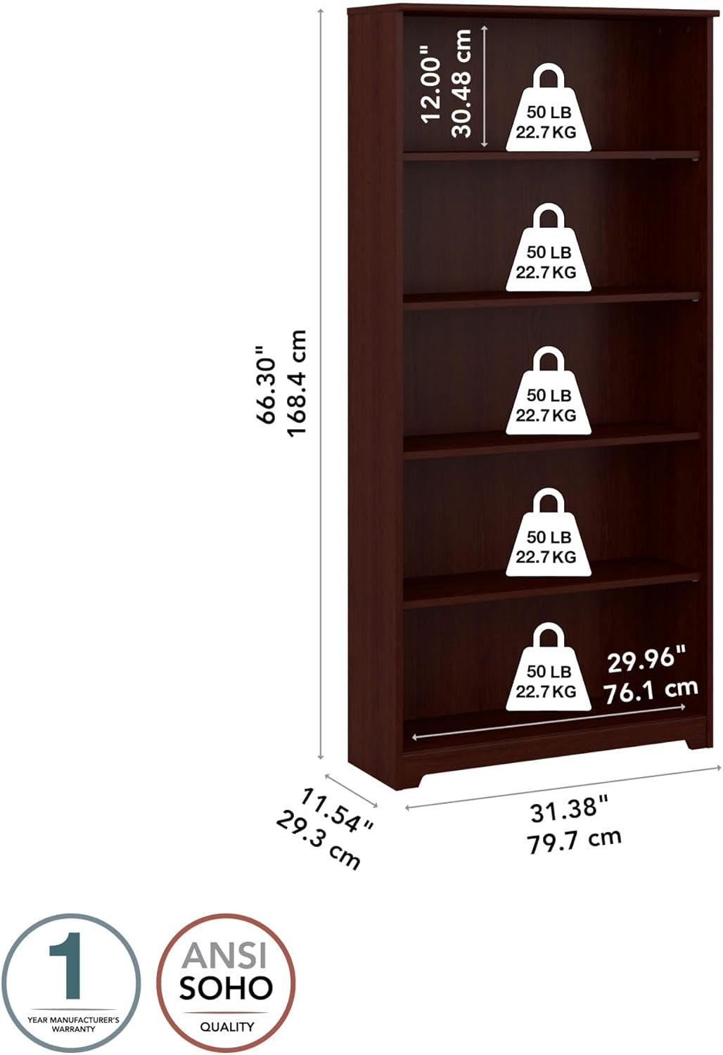 Bush Furniture Tall 5 Shelf Bookcase, Large Open Bookshelf, Sturdy Display Cabinet for Living Room or Home Office, Cabot Collection, Harvest Cherry-2