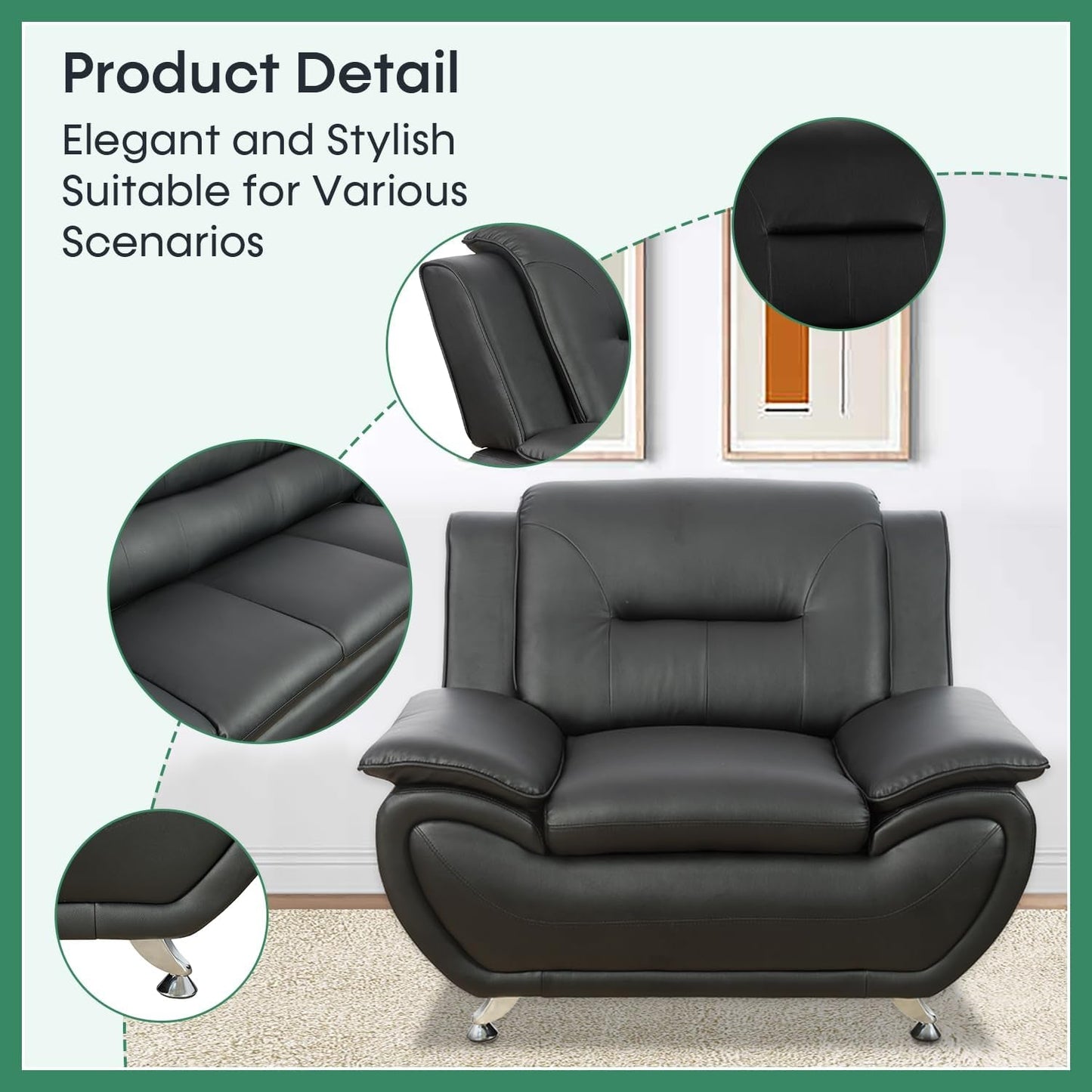 Leather Sofa Set,Leather Sofa Set for Living Room Furniture Sets,Oversize Loveseat Sofa with Chair for Living Room/Office/Apartment(A-Black,3-Piece)-4