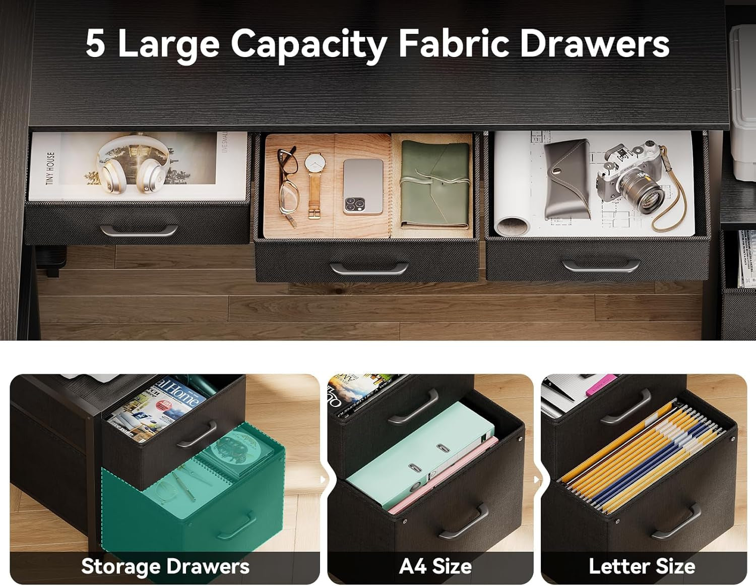 79 Inch L Shaped Desk with File Drawers, Reversible L Shaped Gaming Desk with Power Outlets & LED Lights, Computer Desk with Storage Shelves for Home Office, Black-3