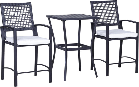 3Pcs Patio Bar Set with Soft Cushion, Rattan Wicker Outdoor Furniture Set for Backyards, Lawn, Deck, Poolside-0