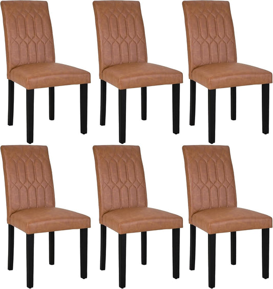 Upholstered Dining Chairs Set of 6, Modern PU Leather Accent Parsons, Solid Wood Legs W/Rubber Footpads, for Living Room Kitchen, Brown-0