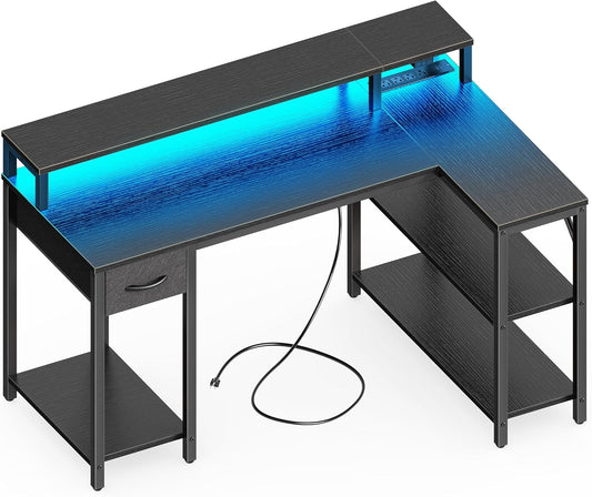 47 Inch Reversible L Shaped Desk with LED Lights & Power Outlets, Computer Desk with Shelves & Monitor Stand, Gaming Desk with Drawer, Home Office Desk Corner Desk, Black-0