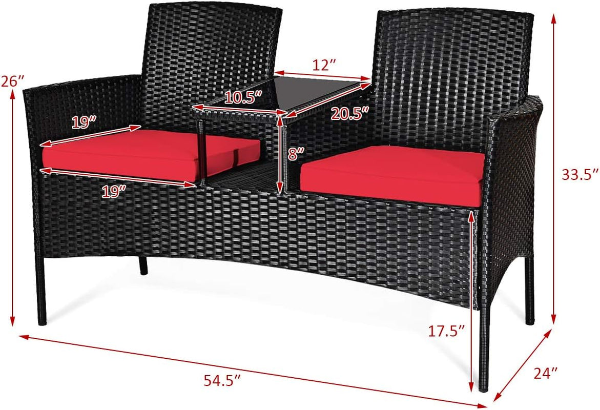 Wicker Patio Conversation Furniture Set, Outdoor Furniture Set with Removable Cushions & Table, Tempered Glass Top, Modern Rattan Bench for Garden Lawn Backyard-2