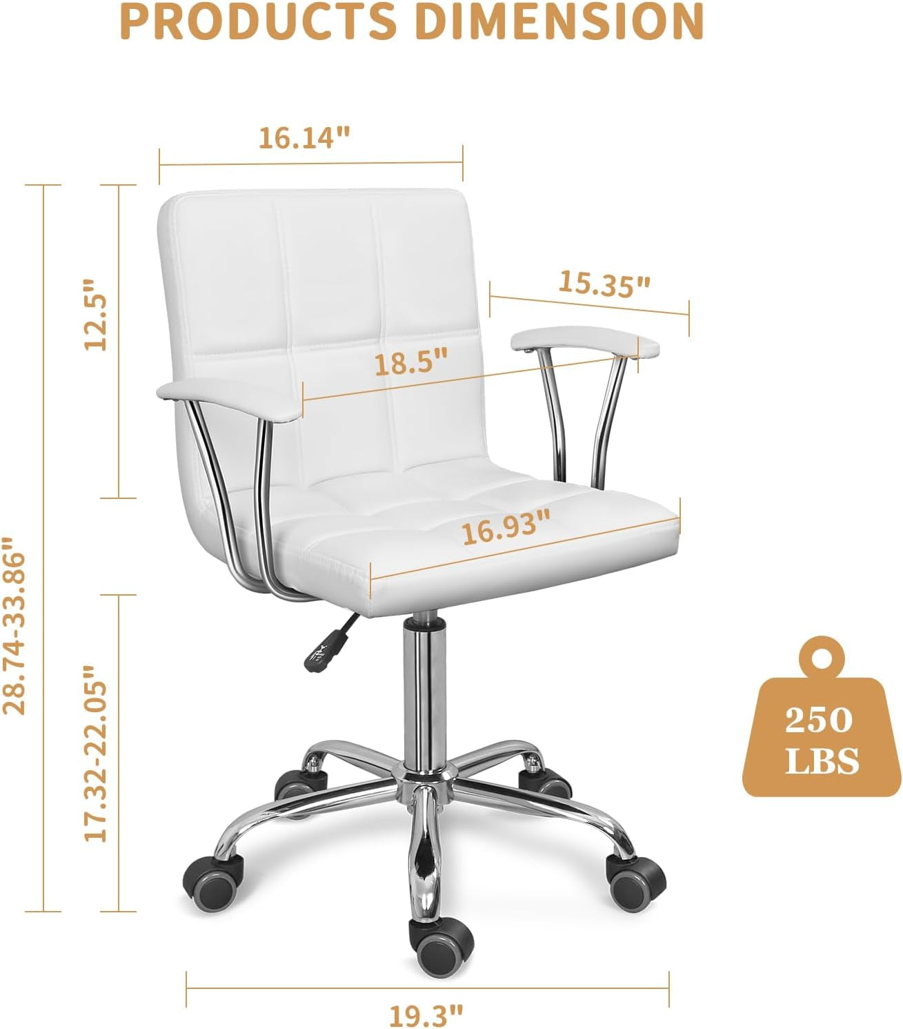 Home Office Desk Chair with Armrest and Wheels, Modern PU Leather Mid-Back Office Task Chair, Height Adjustable Swivel Computer Chairs for Home Office, White-2