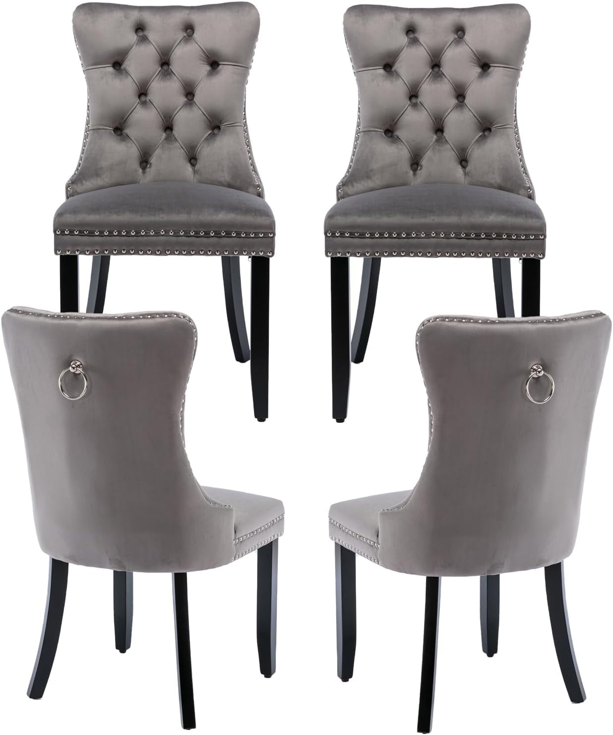 Grey Velvet Dining Chairs Set of 4, Tufted Upholstered Dining Room Chairs with Back Ring Pull, Nailhead Trim and Solid Wood Legs, Modern Dining Chair for Dining Room, Kitchen(Grey)-0