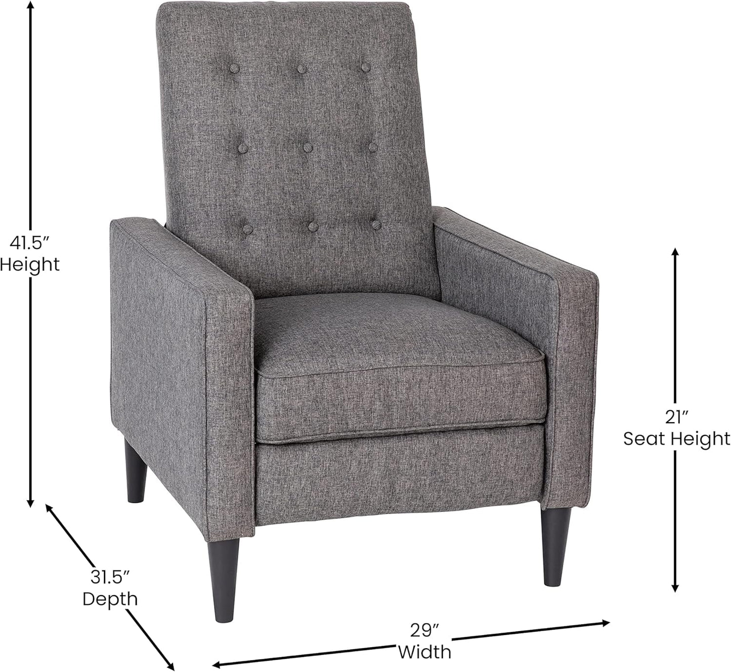 Ezra Ezra Pushback Recliner - Mid-Century Modern Gray Fabric Upholstery - Button Tufted Back - Residential & Commercial Use-2