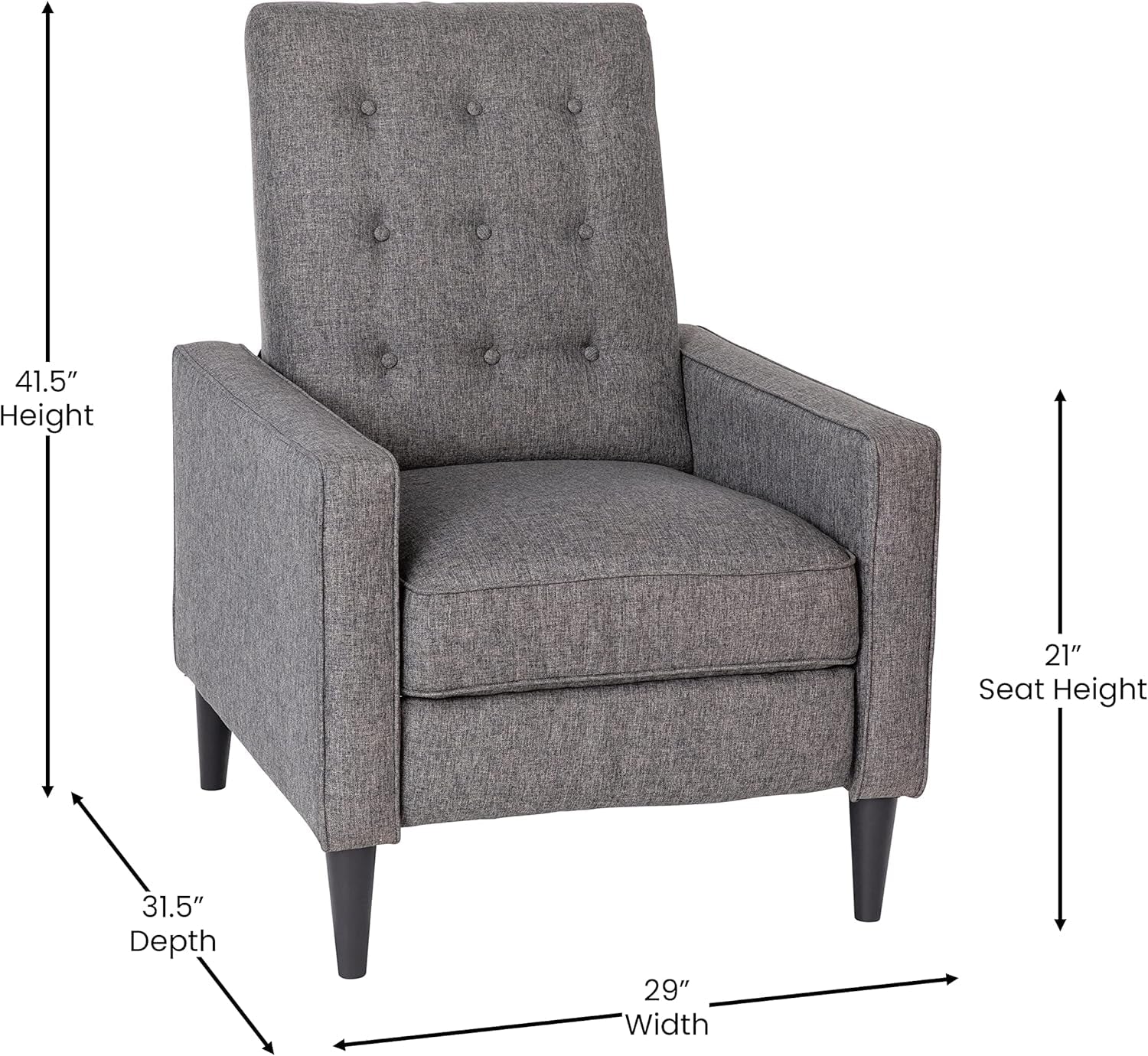 Ezra Ezra Pushback Recliner - Mid-Century Modern Gray Fabric Upholstery - Button Tufted Back - Residential & Commercial Use-2