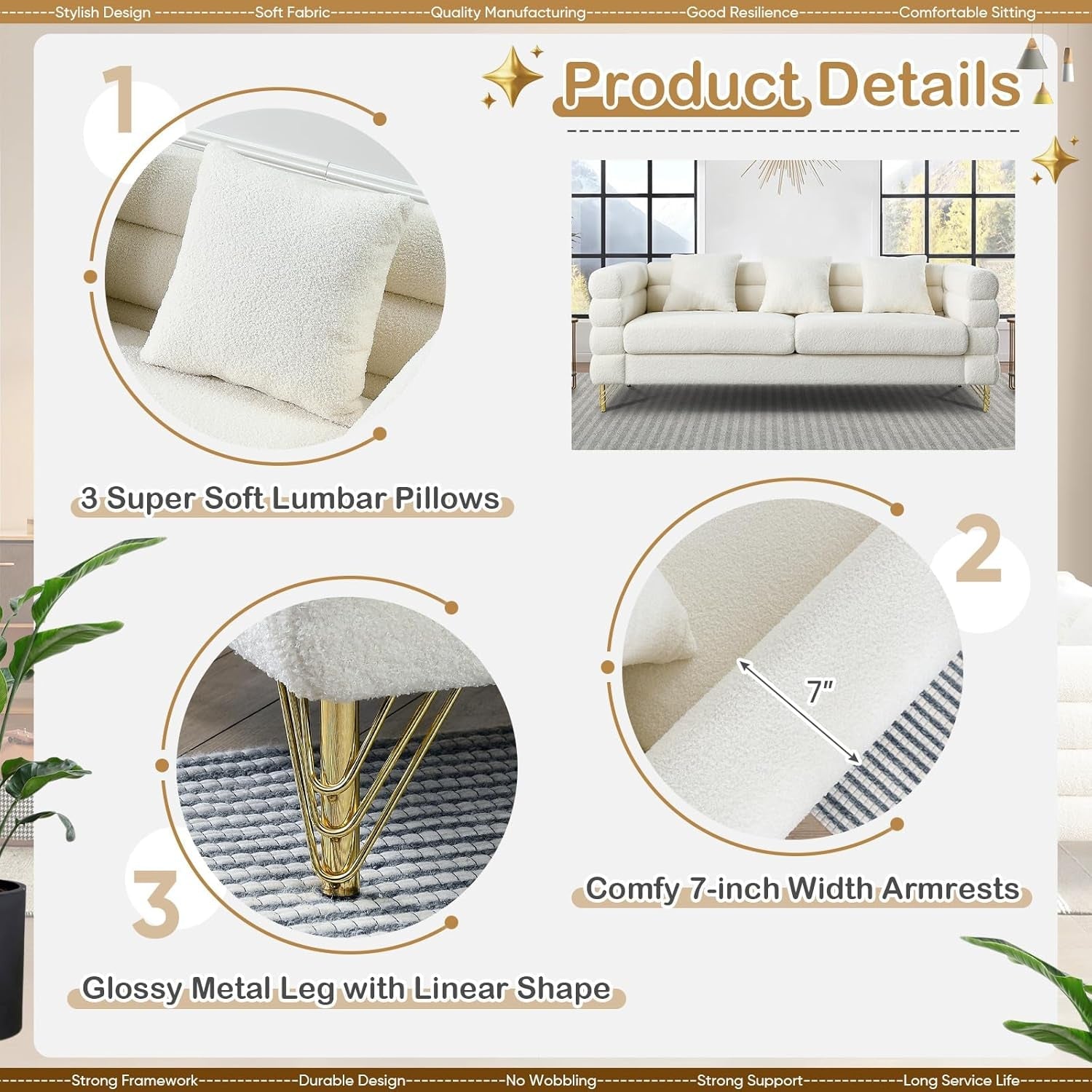 2 Piece Living Room Sofa Set, Comfy Boucle Couch with Loveseat and 3 Seater, Upholstered Sofa Couch with 2 Pillows and Deep Seat Design for Office, Waiting Room, White Teddy-3