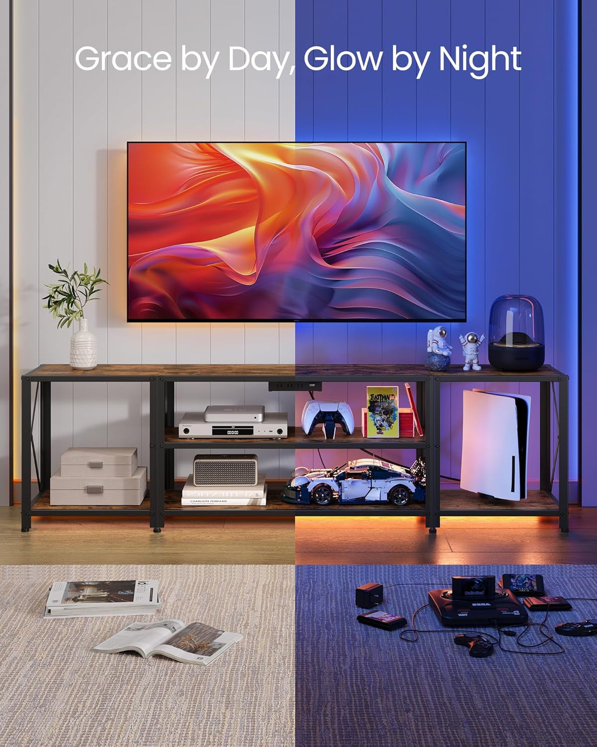 TV Stand with Power Outlets and LED Lights, for Tvs up to 60 Inches, Entertainment Center with Open Storage Shelves, TV Console Table for Living Room, Rustic Brown and Ink Black ULTV121K01-0