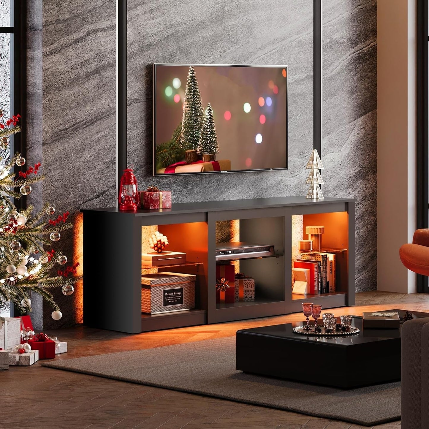 LED TV Stand for 65-Inch TV, 58-Inch Entertainment Center with Adjustable Glass Shelves, Modern Media Console for Living Room & Bedroom, Black-1