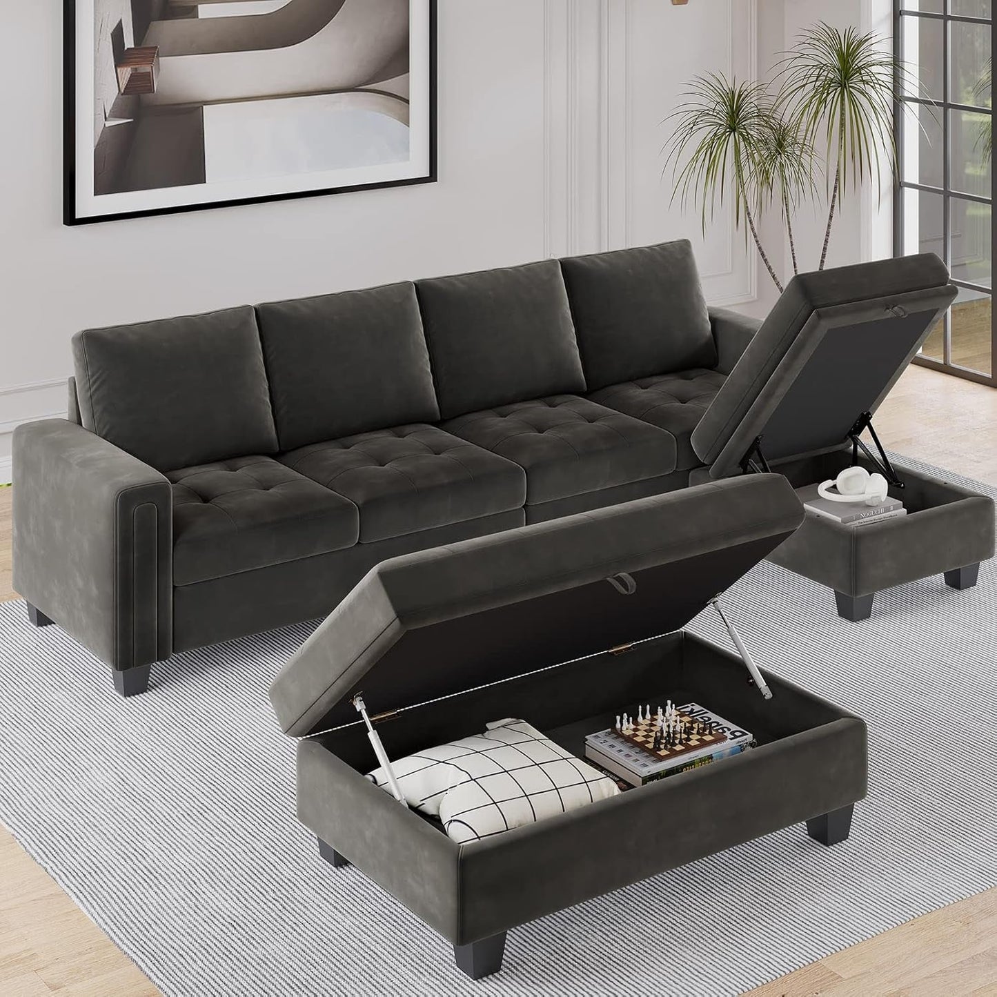 Velvet Convertible 4-Seat Sectional Sofa with Reversible Chaise L Shaped Sofa Couch Furniture Sets Sectional Couch with Storage Ottoman Grey-3
