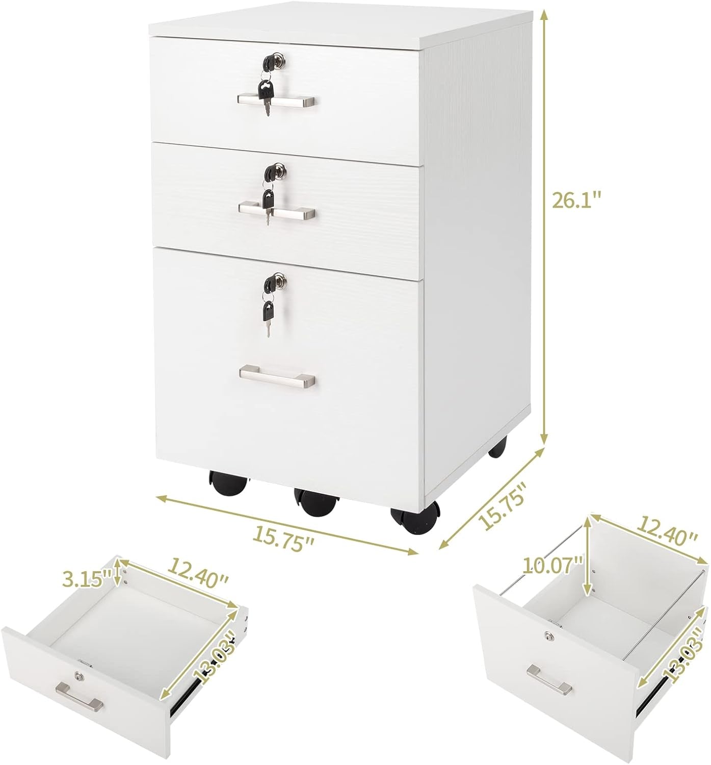 White Mobile File Cabinet, 3 Drawers, Lock-4