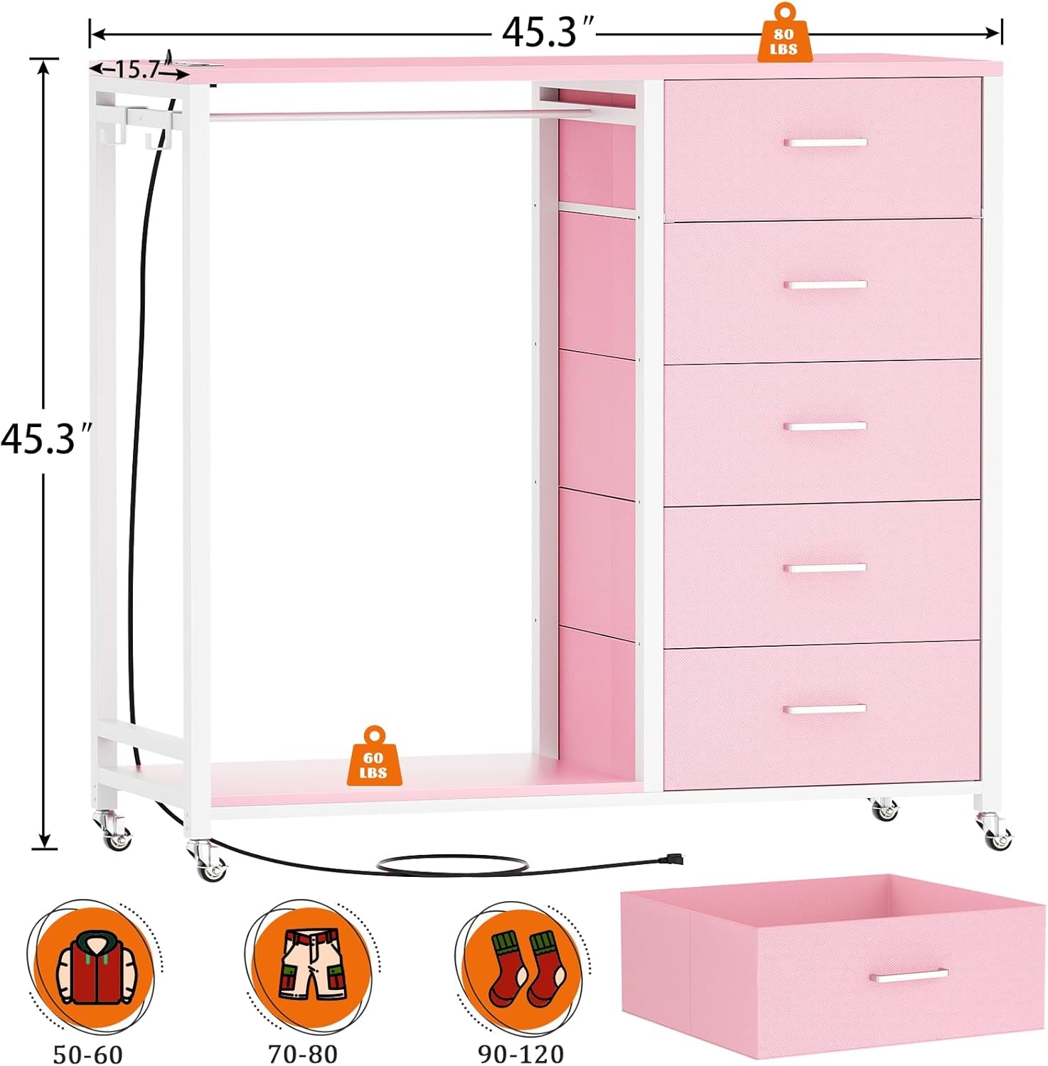 Dresser for Bedroom with Clothes Rack, 5 Drawers Dresser with Charging Station & LED Lights, Pink Storage Chest of Drawers with Wheels, Wooden Top, Lockable Wheels, Bedroom, Closet, Pink-1