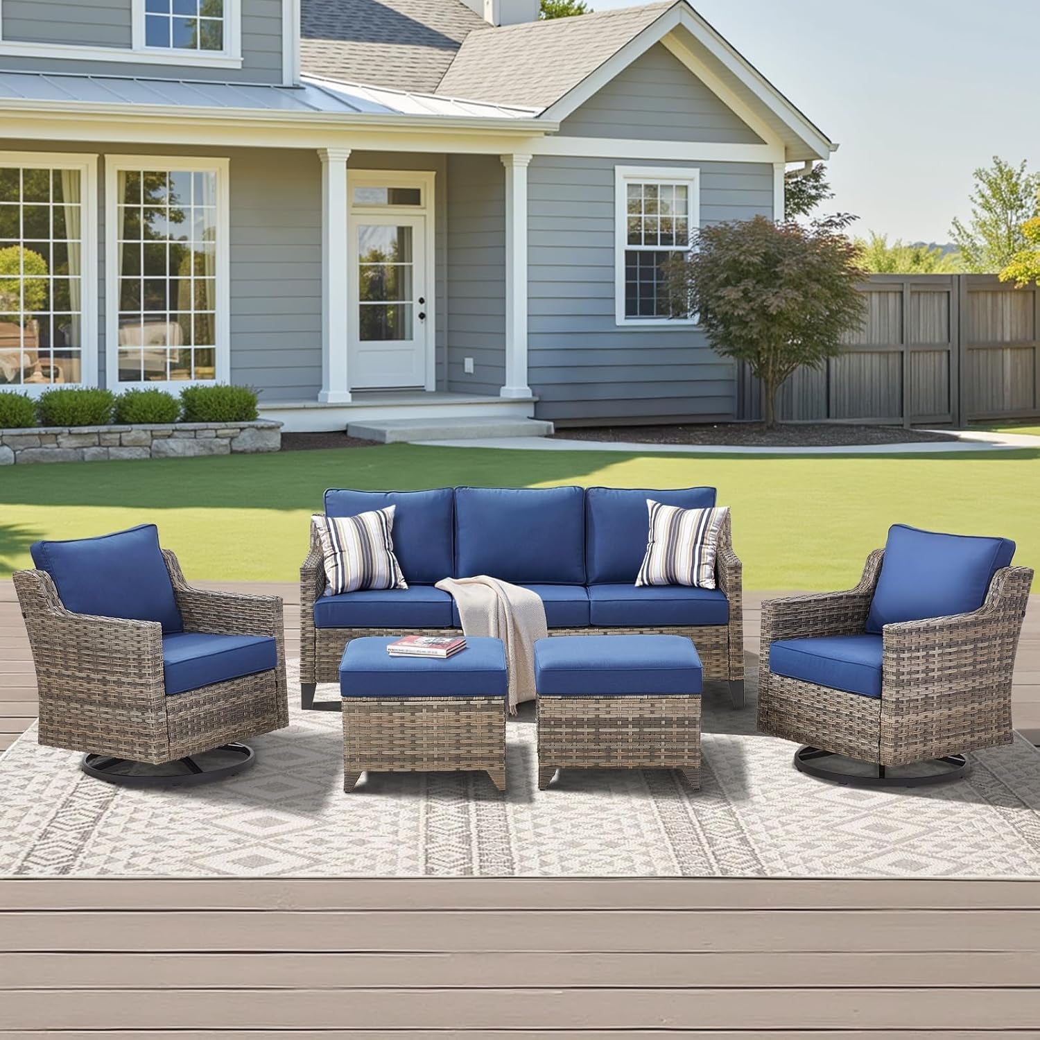 Outdoor Patio Furniture Set-5 Pieces All-Weather Wicker Outdoor Furniture with Swivel Patio Chairs Outdoor Patio Conversation Sets for Garden Porch Deck Grey/Blue-0