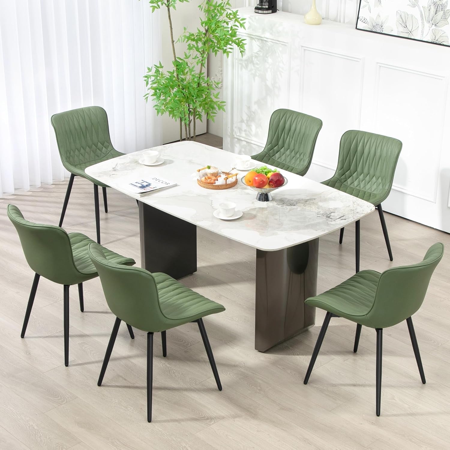 Dining Chairs Set of 2, Mid-Century Modern Upholstered Dining Chairs, Armless Faux Leather Accent Chairs with Backrest, Living Dining Room Chairs with Metal Legs for Dining Room, Green-3