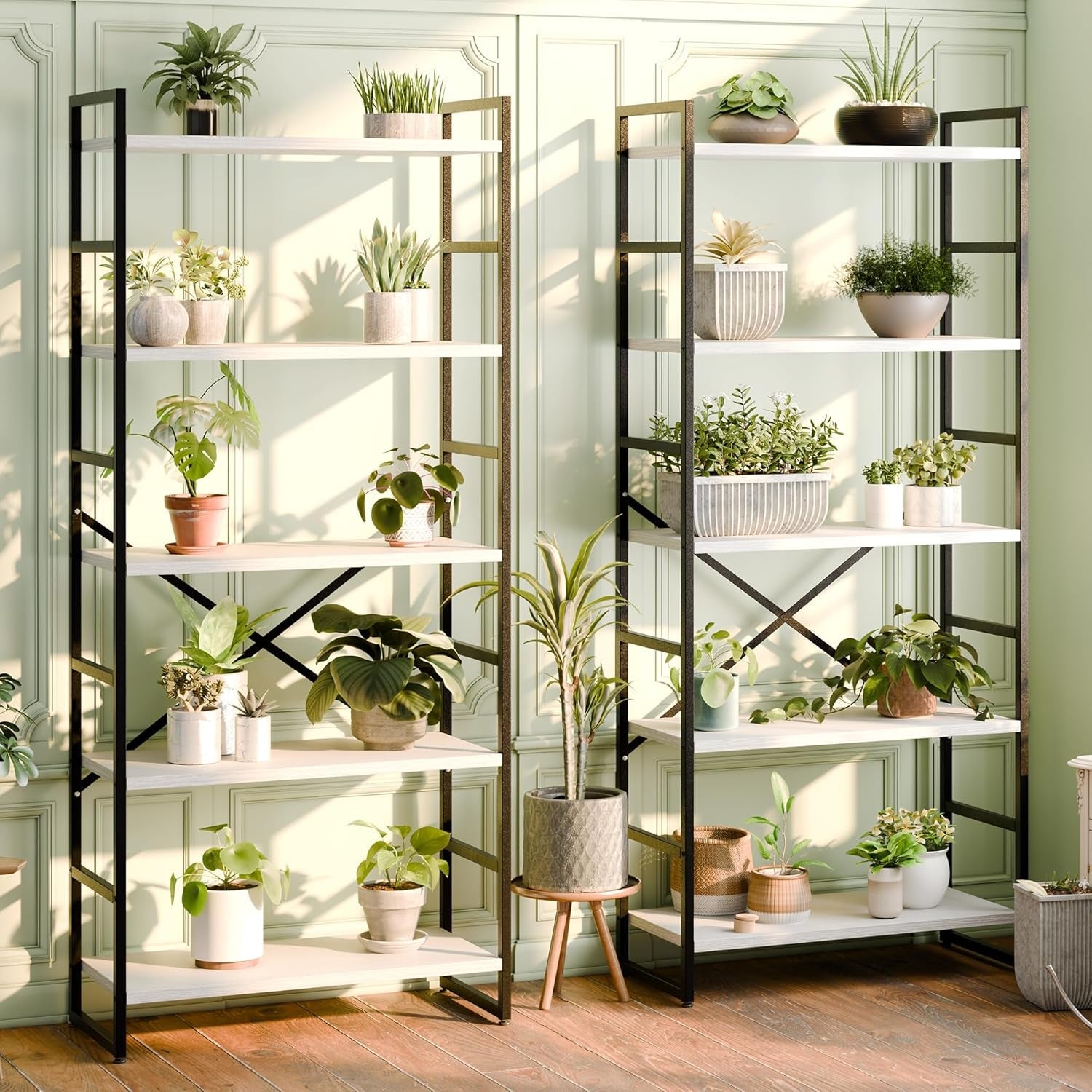 2 Pieces 5 Tiers Bookshelf, Classically Tall Bookcase Shelf, Industrial Book Rack, Modern Book Holder in Bedroom/Living Room/Home/Office, Storage Rack Shelves for Books/Movies-White-2
