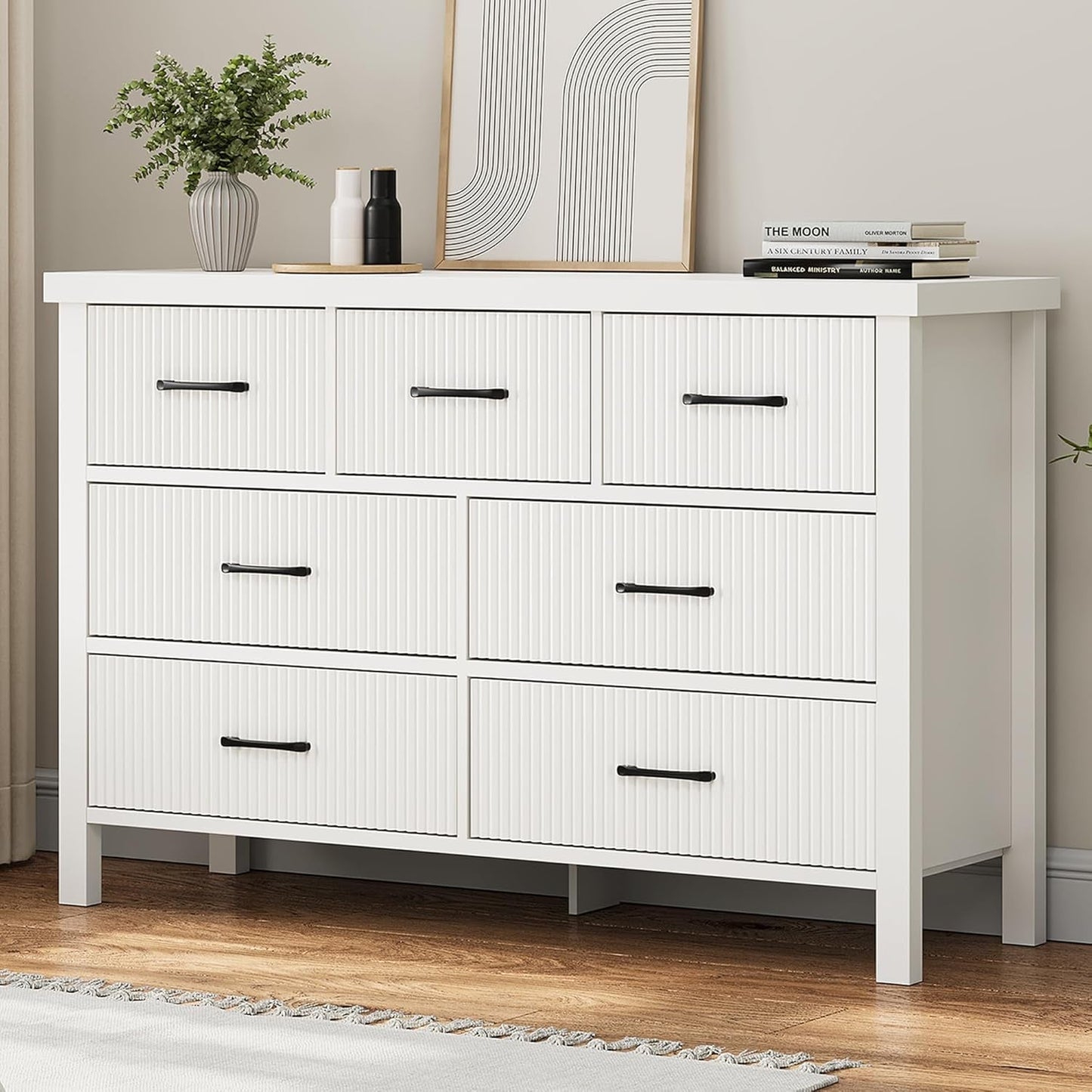 White Dresser 7 Drawer Dresser for Bedroom, Modern Fluted Dresser with Solid Wood Legs, Long Double Wooden Dresser Large Chest of Drawers for Living Room, Entryway, Hallway (White Fluted)-0