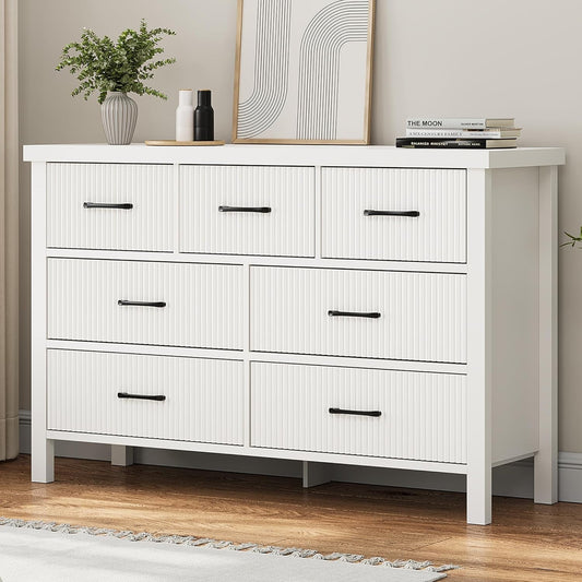 White Dresser 7 Drawer Dresser for Bedroom, Modern Fluted Dresser with Solid Wood Legs, Long Double Wooden Dresser Large Chest of Drawers for Living Room, Entryway, Hallway (White Fluted)-0