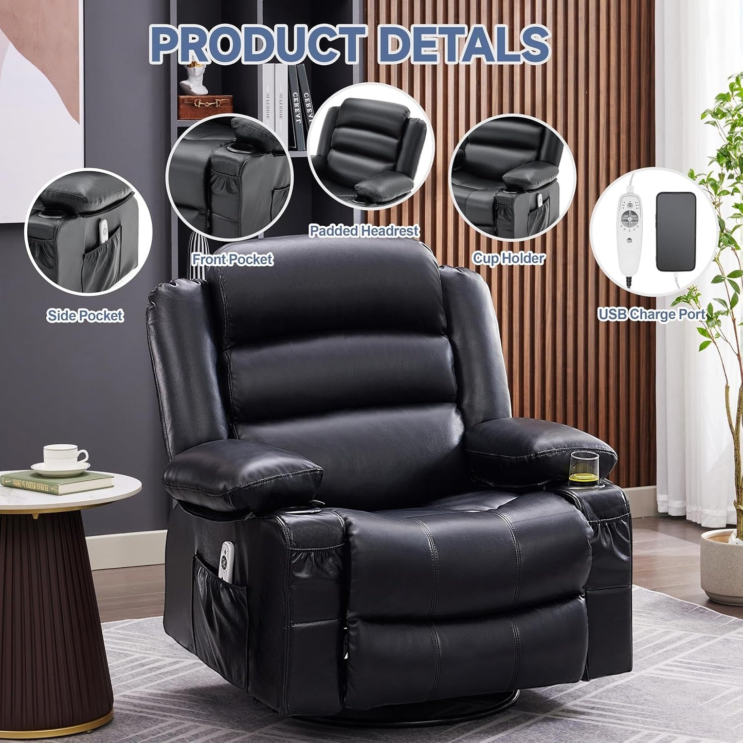 Rocker Recliner Chair with Heat and Massage, 360° Swivel Recliner Chairs for Adults, Oversized Recliner Single Sofa Seat with Cup Holders, Lazy Boy Recliner Single Sofa Seat, Black-4