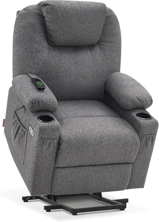 Small Power Lift Recliner Chair Sofa with Massage and Heat for Petite Elderly, 3 Positions, Cup Holders, and USB Ports, Extended Footrest, Fabric 7141 (Grey)-0