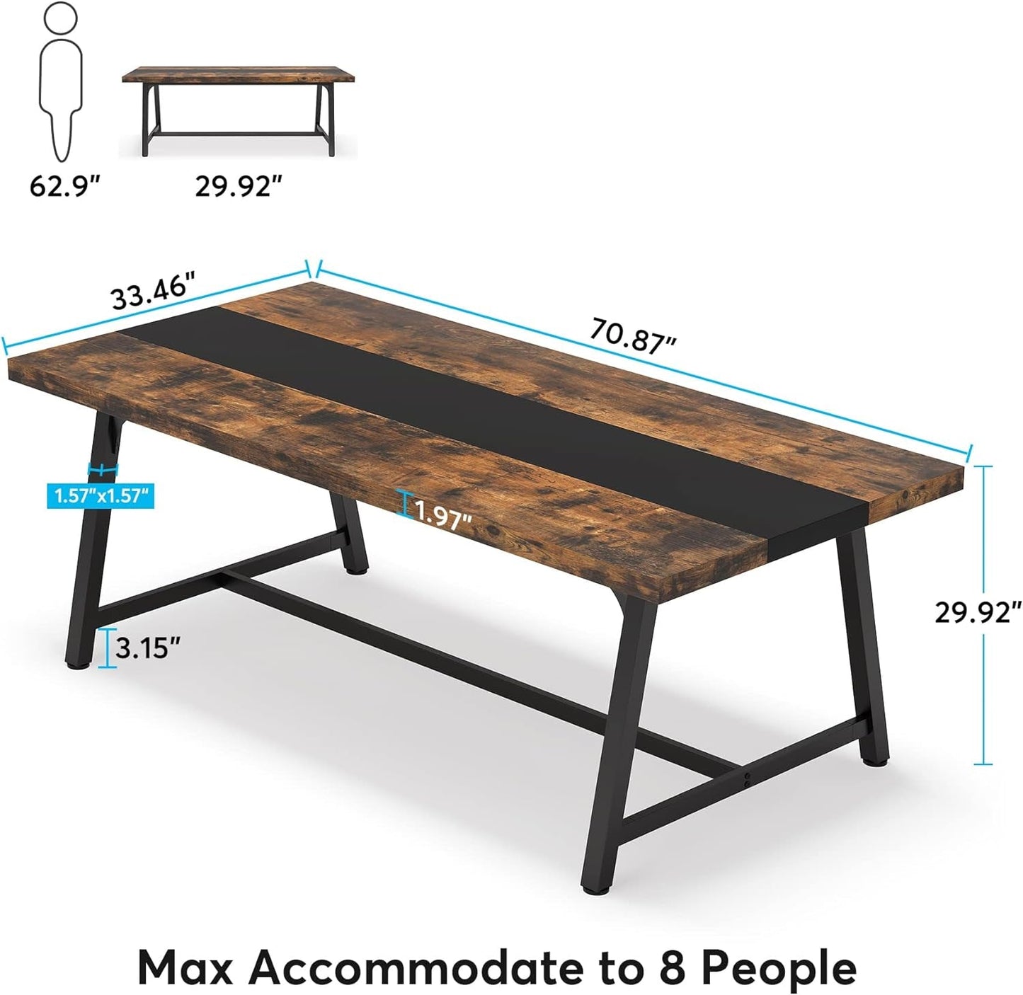 Dining Table for 8 People, 70.87-Inch Rectangular Wood Kitchen Table with Strong Metal Frame, Industrial Large Long Dining Room Table for Big Family (Rustic Brown)-1
