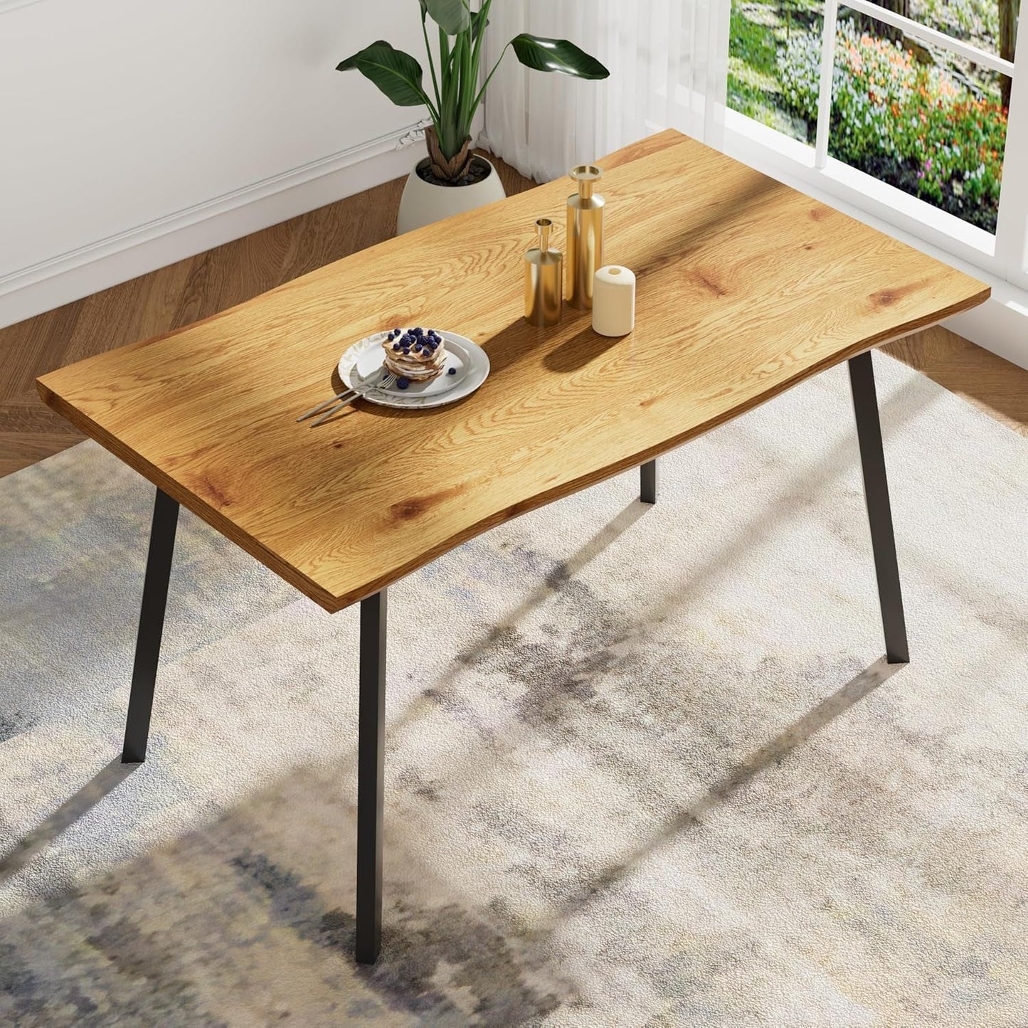 53" Rectangle Dining Table for 2-6 Person, Modern Wooden Irregular Dining Table Kitchen Table Desk Dinner Table for Small Spaces, Easy Clean Living Room Natural Table for Home Kitchen Restaurant-0