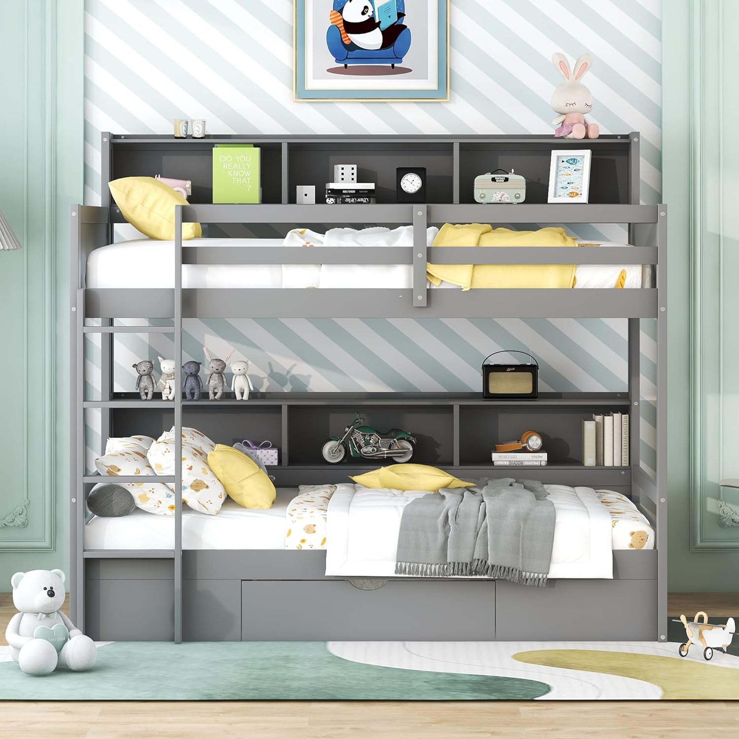 Bunk Bed Twin over Twin with Storage,Wood Twin Bunk Beds with Built-In Shelves beside Both Upper & down Bed,Multi Storage Bunk Beds with Drawer for Kids Girls Boys, Grey-2