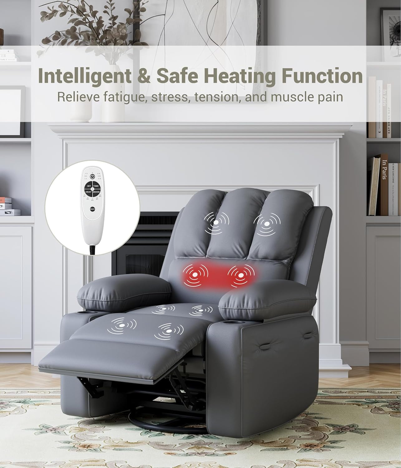 Oversized Power Recliner Chair with Heat and Massage - 360° Swivel Lazy Recliner Chair for Adults, Faux Leather Rocking Chair with Cup Holder for Living Rooms, Bedrooms, and Nurseries - Grey-3