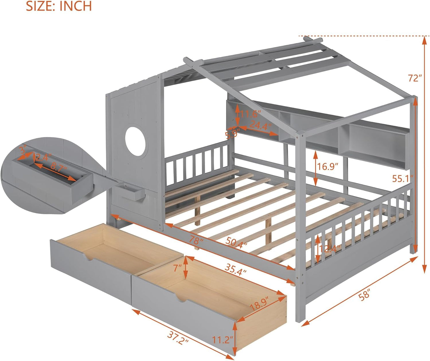 Kids Full Playhouse Bed with Drawers Shelves-2