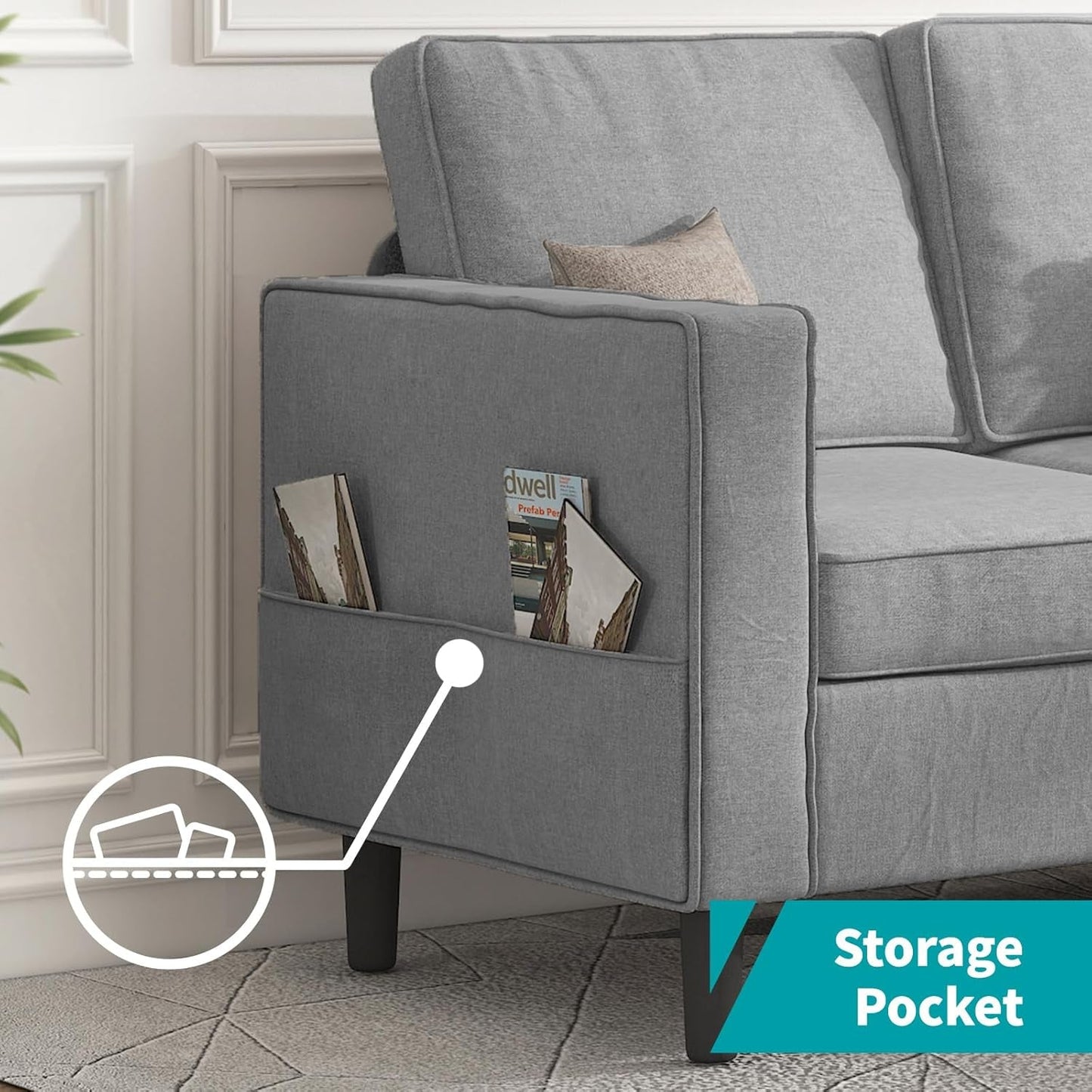 4Pcs Sofa Set for Living Room, Sectional Couches Modern Sofas with Movable Storage Ottoman/Side Pockets/Modern Sofas/Easy Assembly/Free Combination - Light Grey-3