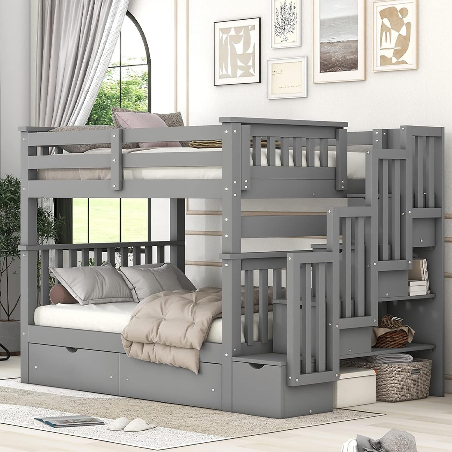 Full over Full Bunk Bed with Stairs, Wooden Bunk Bed with Storage Drawers, for Kids Teens Adults - Gray-0