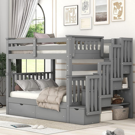 Full over Full Bunk Bed with Stairs, Wooden Bunk Bed with Storage Drawers, for Kids Teens Adults - Gray-0