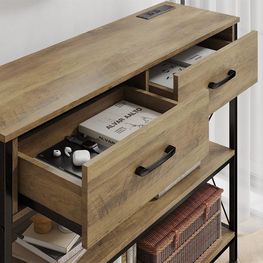 Rustic Brown Industrial Console Table with Storage Shelves-1