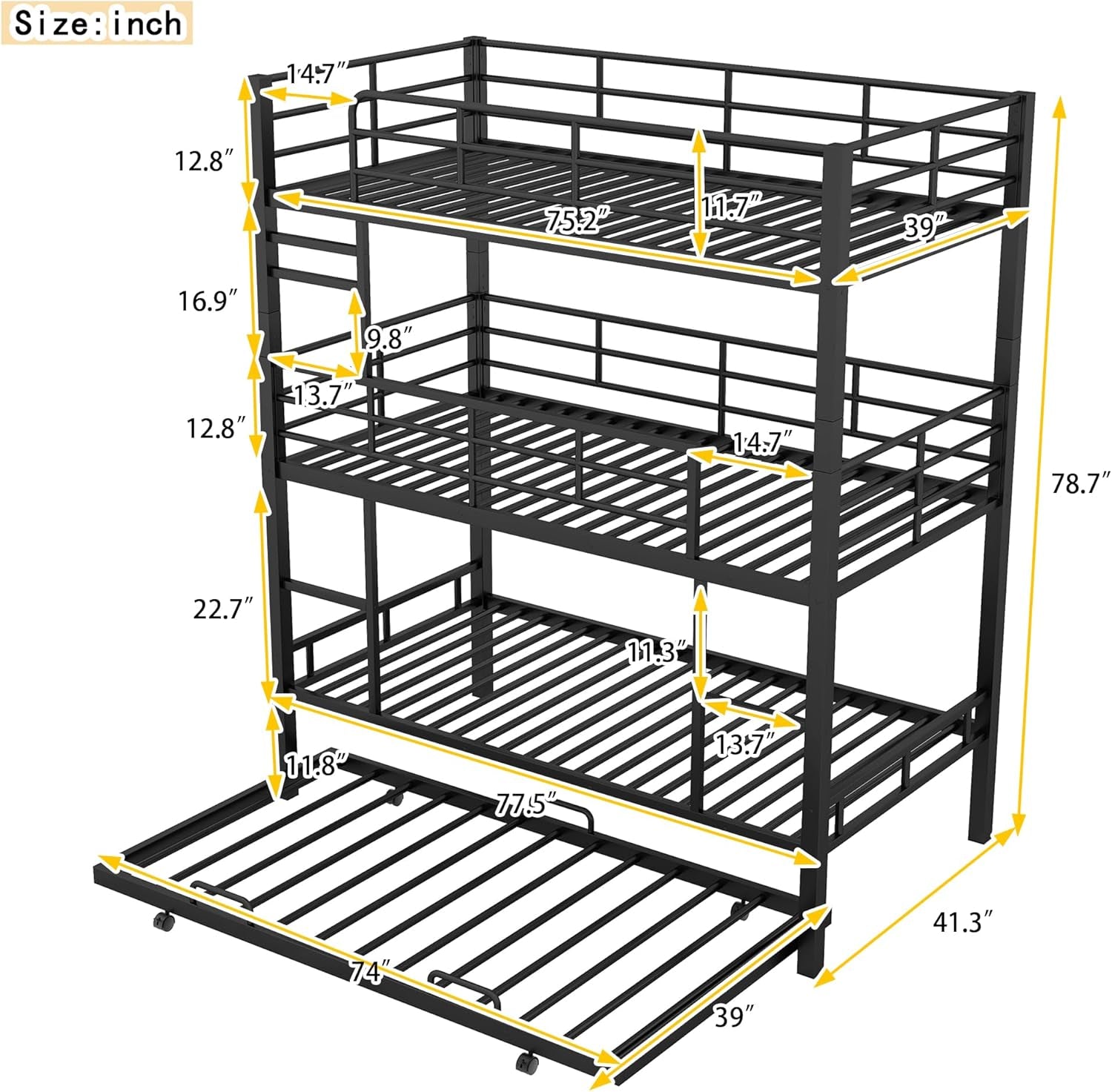 Triple Bunk Bed with Trundle Guardrail & Ladder Twin Size Metal, No Box Spring Needed, Easy Assemble-1