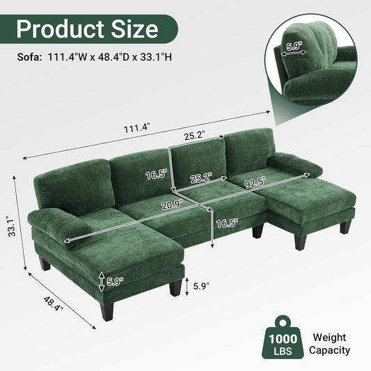 Forest Green 110" U-Shape Sectional Couch Double Chaise-1