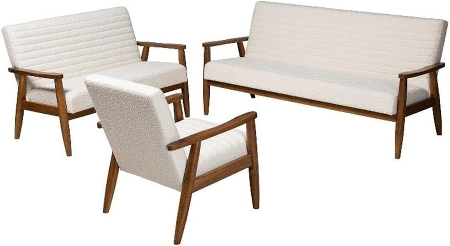Stratton Mid-Century Modern Cream Boucle Fabric and Walnut Brown Finished Wood 3-Piece Living Room Set-0