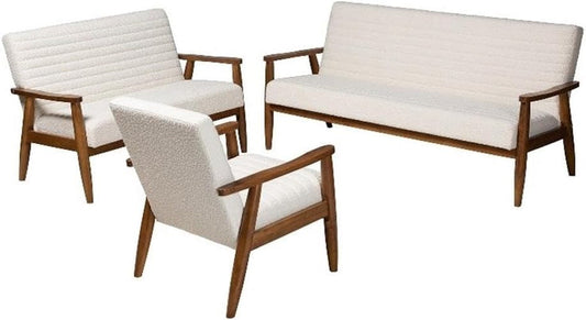 Stratton Mid-Century Modern Cream Boucle Fabric and Walnut Brown Finished Wood 3-Piece Living Room Set-0
