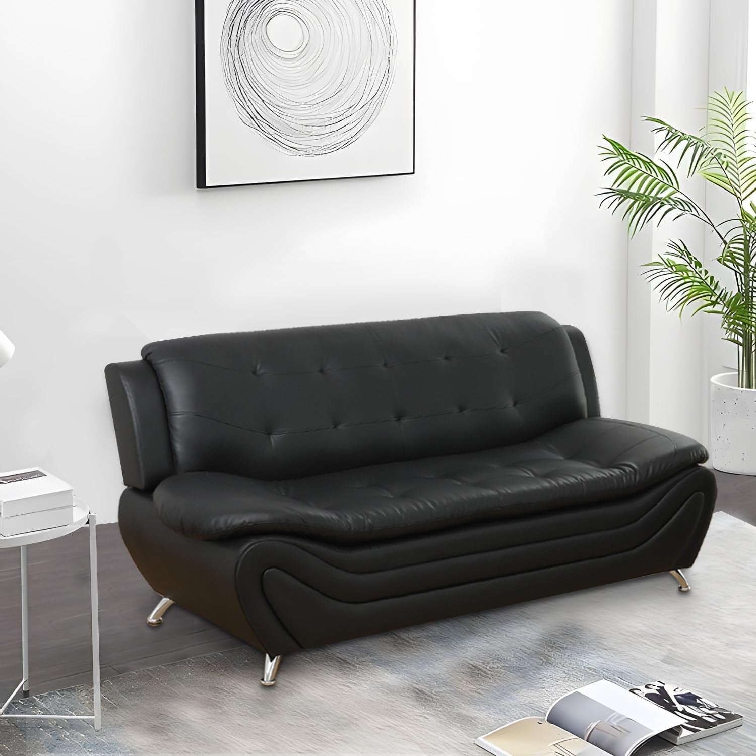 3 Piece Living Room Furniture Set, Leather Sofa Set for Living Room, Modern Couch Set with 3-Seater Sofa, Lovesat and Armchair (Black 1)-3