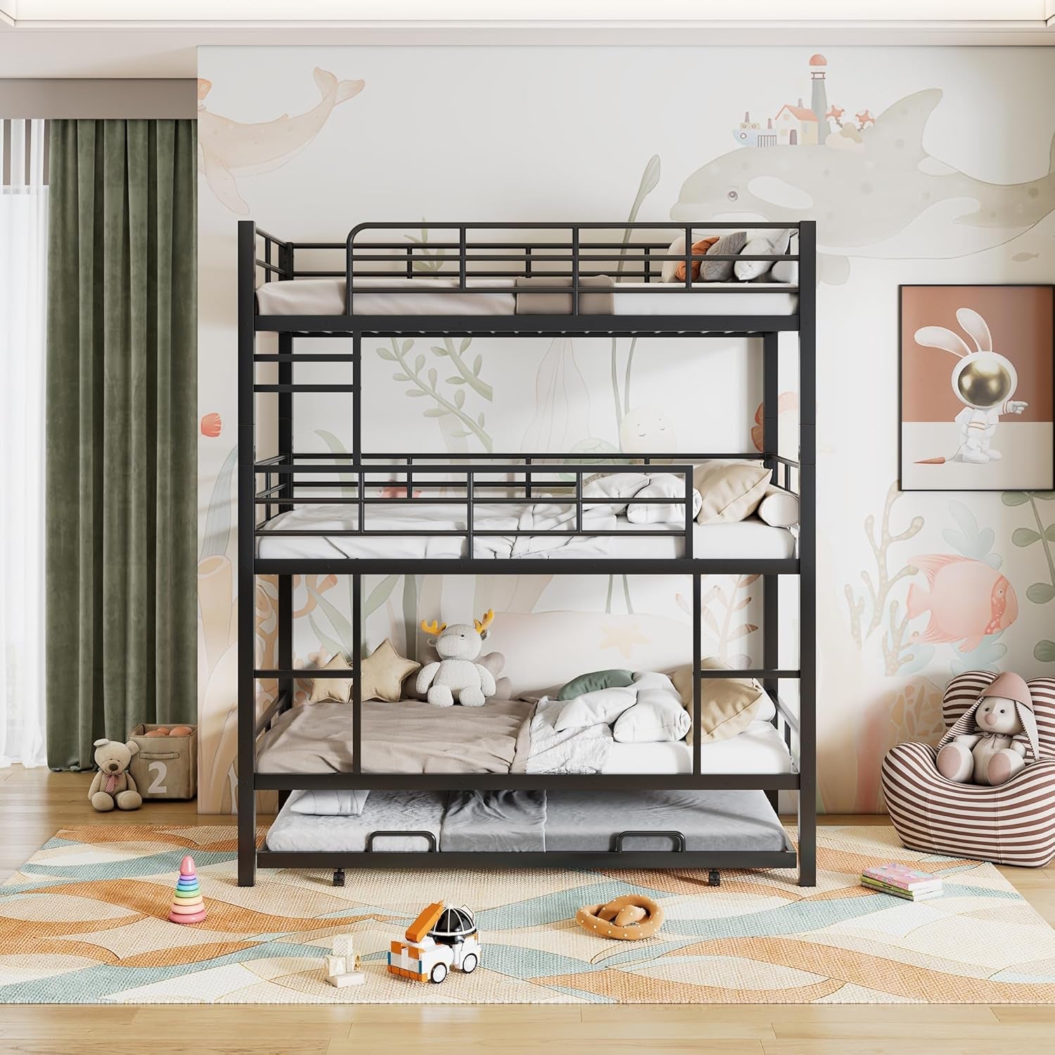 Triple Bunk Bed with Trundle Guardrail & Ladder Twin Size Metal, No Box Spring Needed, Easy Assemble-2