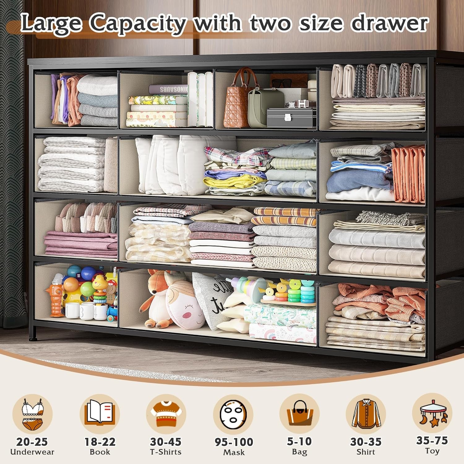 13 Dresser for Bedroom, Wide Dresser with 13 Drawers, Dressers & Chests of Drawers with Wood Top, Fabric Dresser for Bedroom Living Room Entryway,11.8" D X 39.4" W X 31.49" H,Dark Grey-3