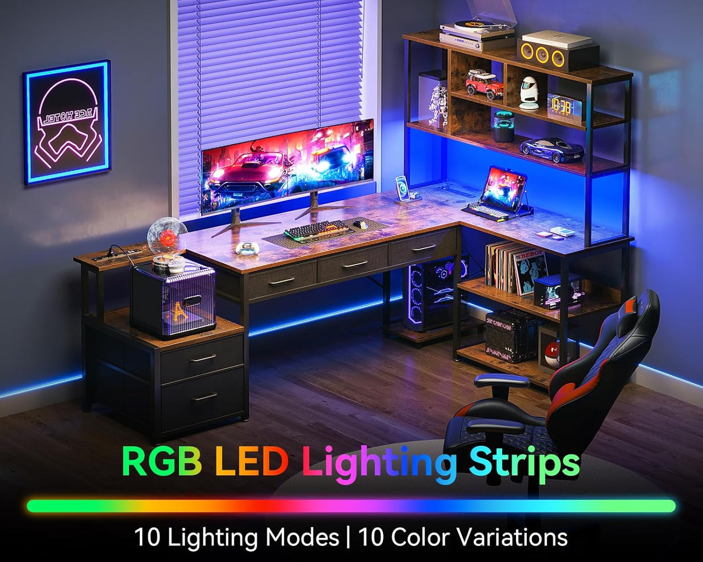 79 Inch L Shaped Desk with File Drawers, Reversible L Shaped Gaming Desk with Power Outlets & LED Lights, Computer Desk with Storage Shelves for Home Office, Vintage-2