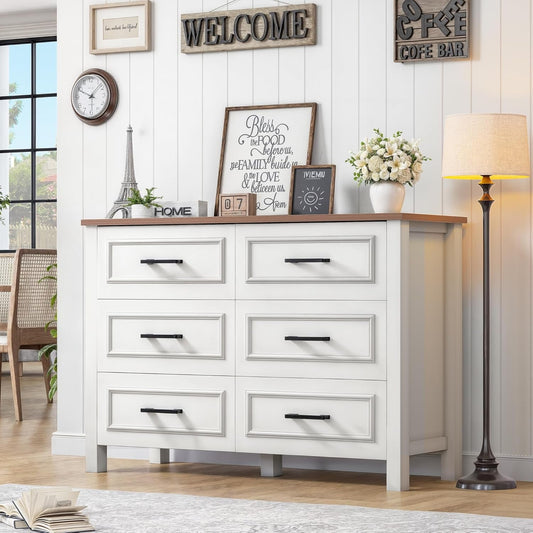 6-Drawer Dresser with Built-In Power Outlet, Wood Dresser TV Stand with 6 Large Drawers & Bar Handles, Dresser Chest of Drawers for Entryway Living Room Hallway, White & Walnut-1